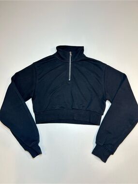 Tna Aritzia Cozy Fleece Cropped Quarter Zip Sweatshirt Black 1/4 Pullover